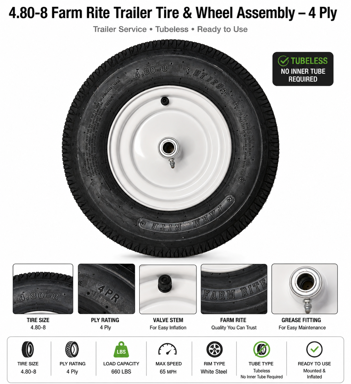 4.80-8 Farm Rite Trailer Tire & Wheel Assembly - 4 Ply