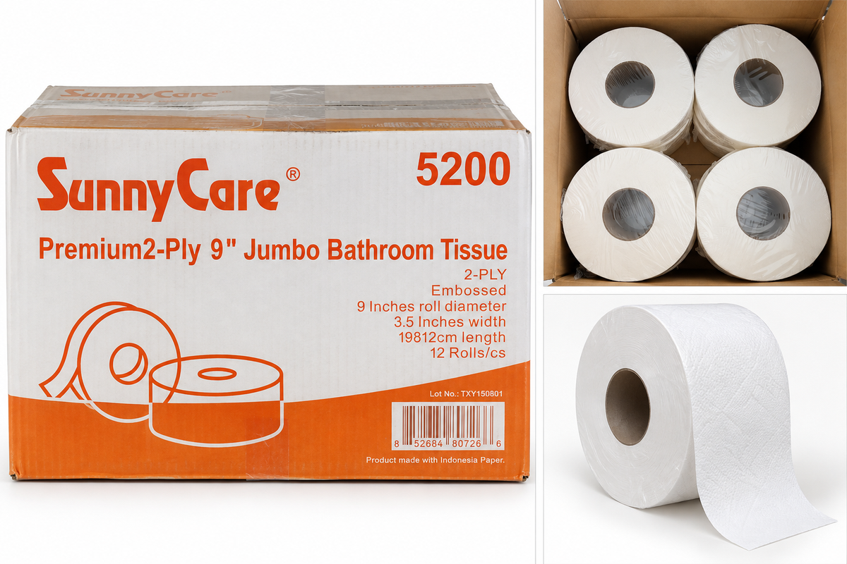SunnyCare 5200 carton with jumbo tissue rolls and an open case view