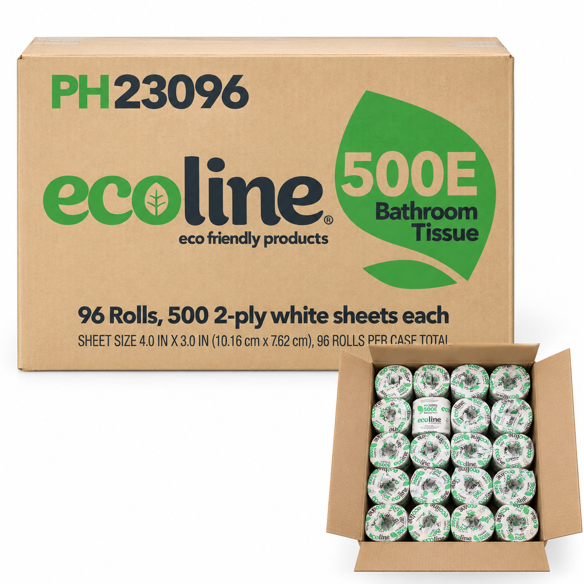 Ecoline PH23096 Bathroom Tissue - 96 Rolls, 500 Sheets, 2-Ply