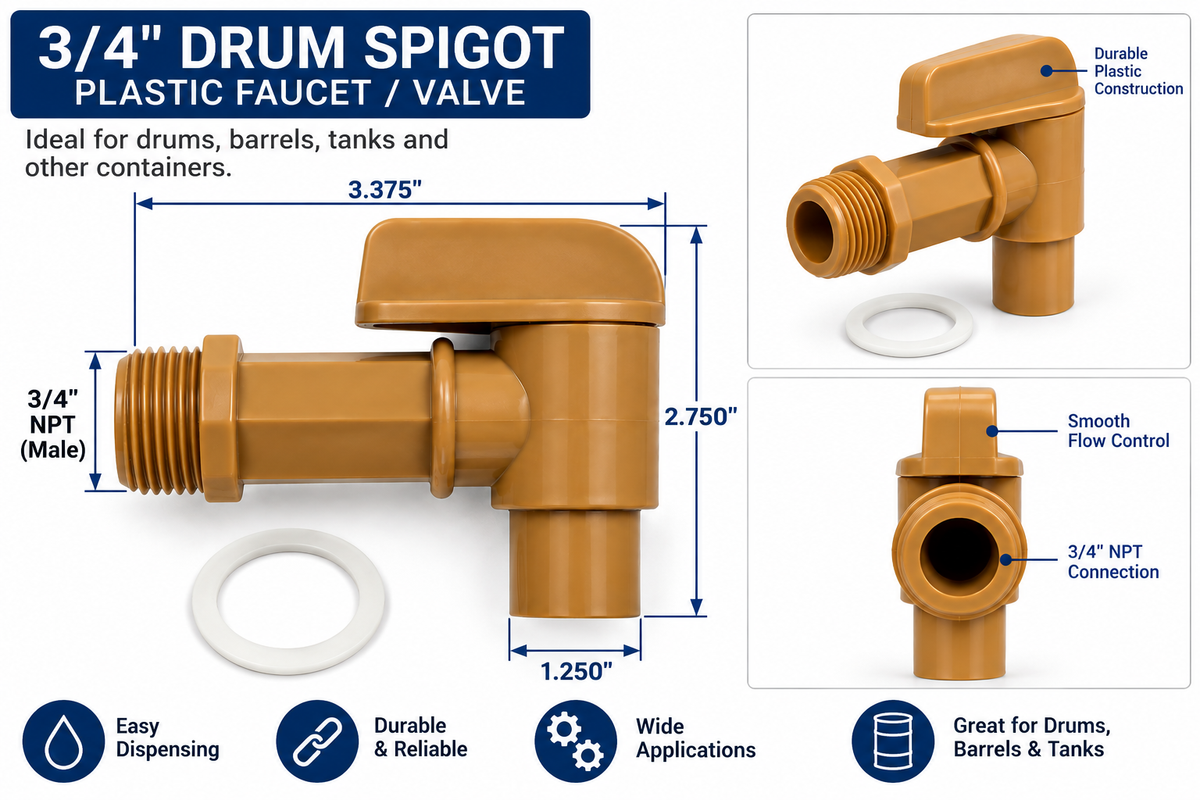 3/4'' Drum Spigot - Plastic Faucet for Drums & Containers