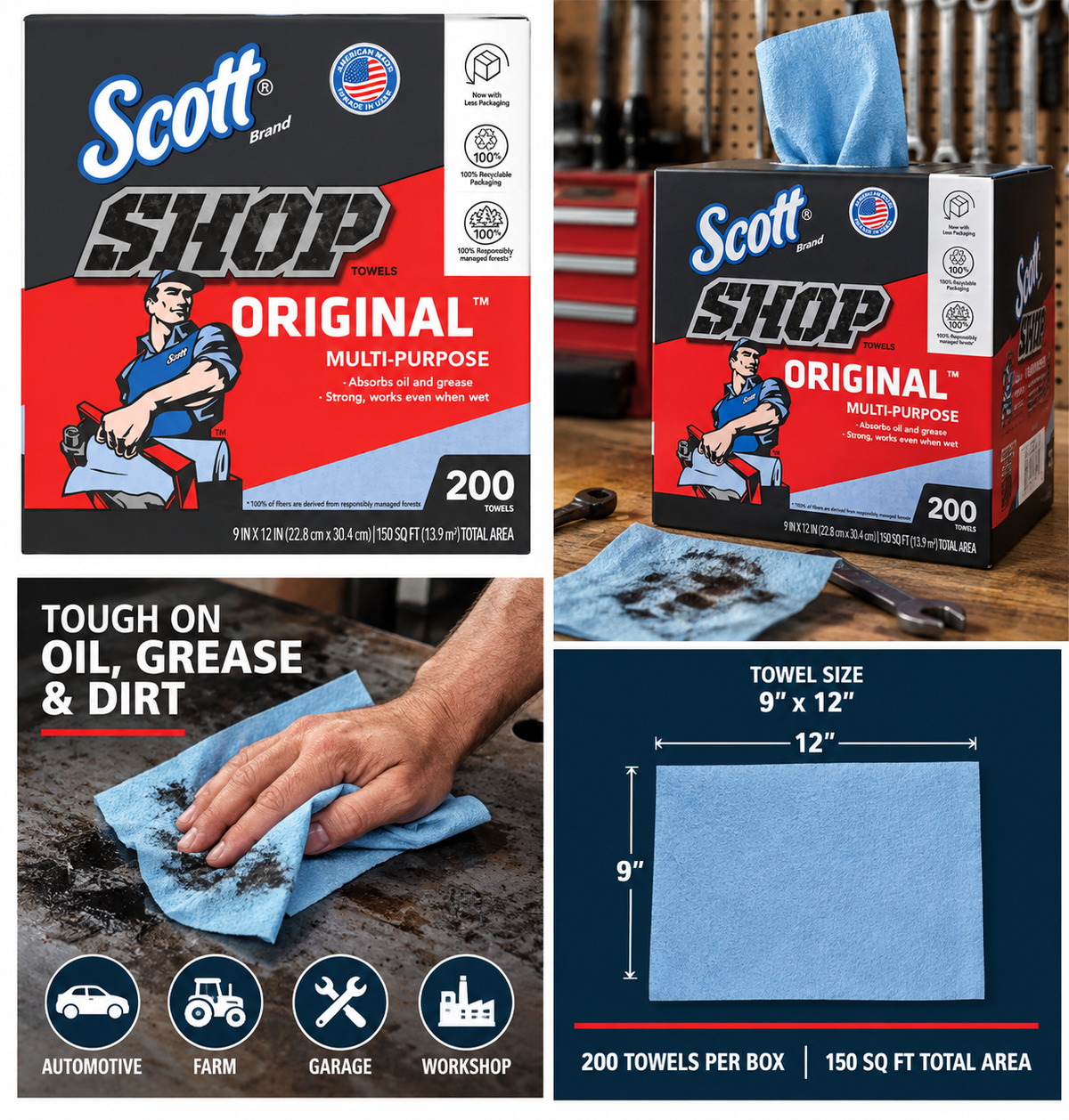 Scott Shop Towels Original - 200 Towels, 9'' x 12''