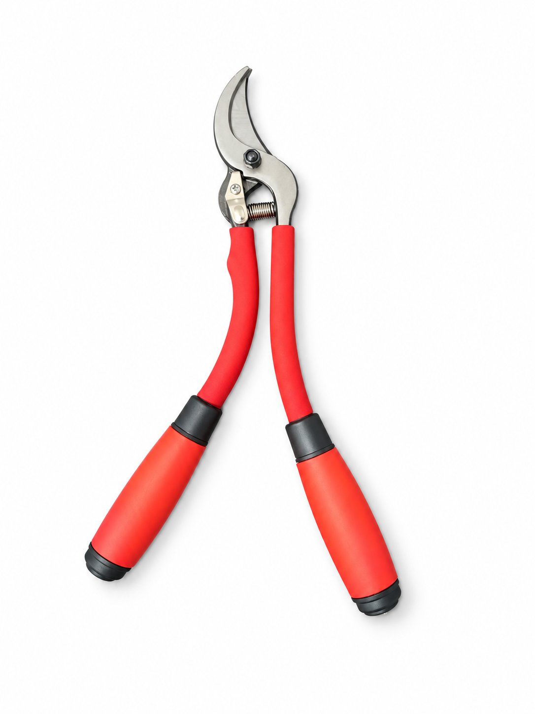 Compact bypass pruning lopper, red handles, rear view on white background