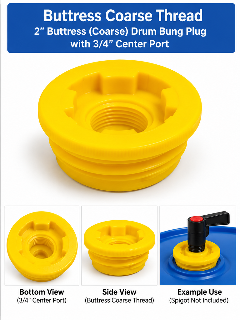 Buttress coarse thread drum bung plug with 3/4 inch center port