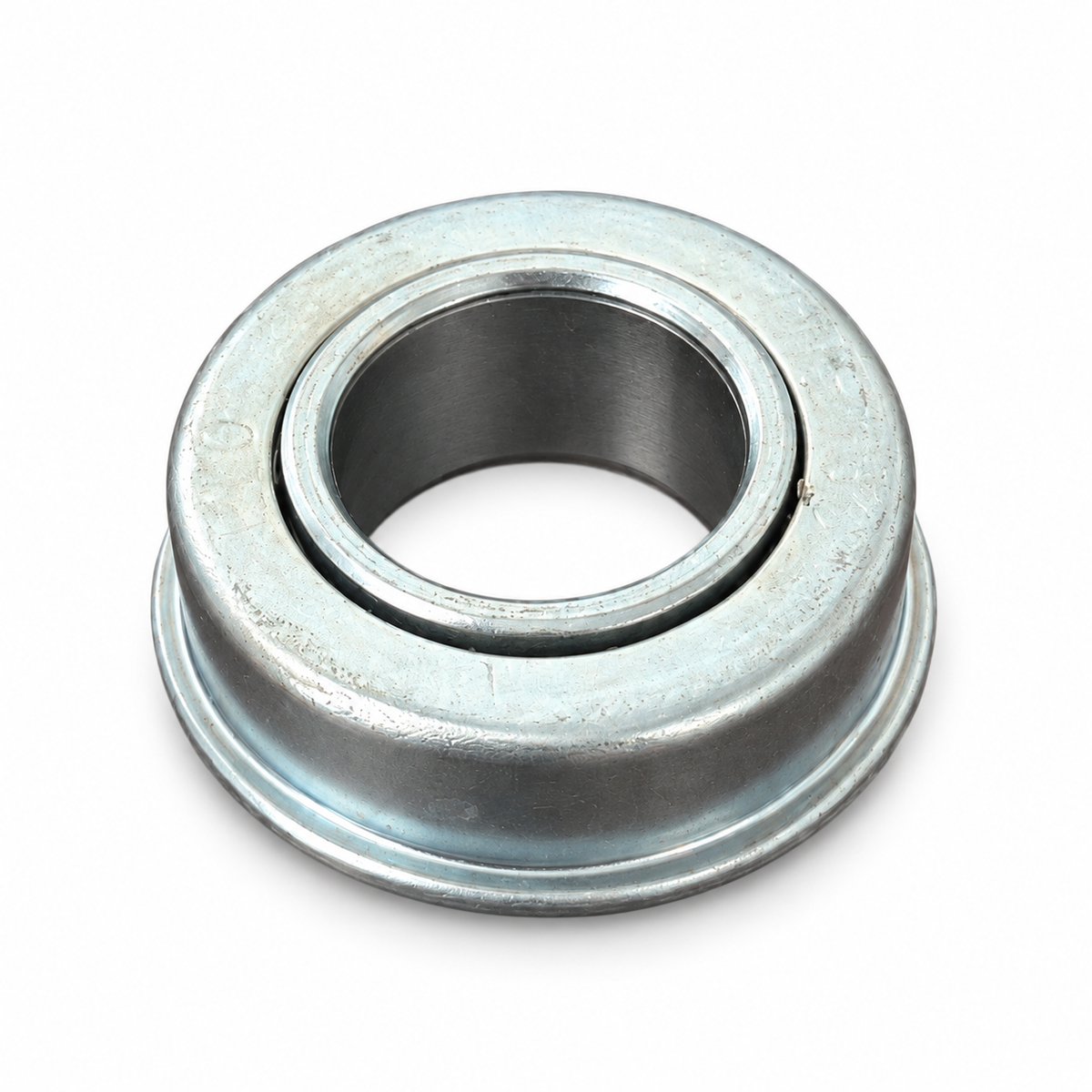 Angled view of metal wheelbarrow bearing with flange on white background
