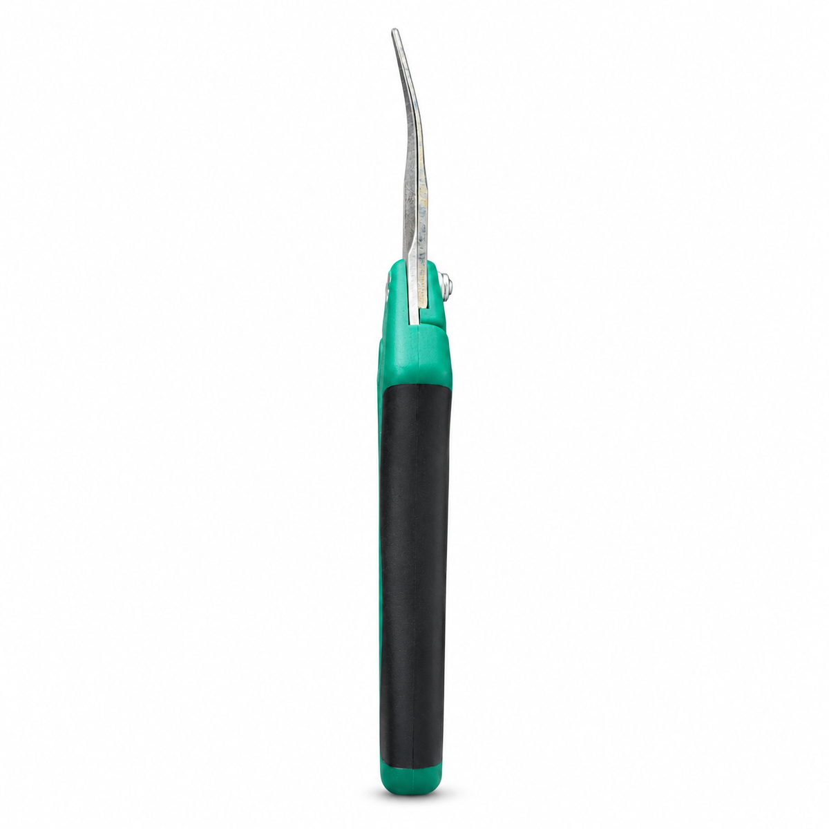 Green curved harvest shears, side view showing curved blade