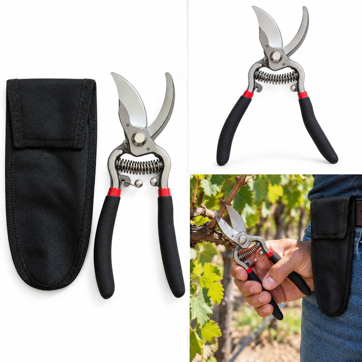 Green Seasons premium forged bypass pruner with holster in vineyard use