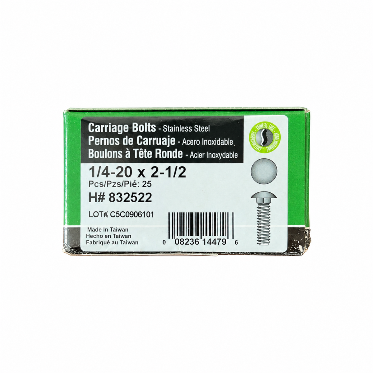 Hillman 832522 box of 25 stainless steel carriage bolts on white background