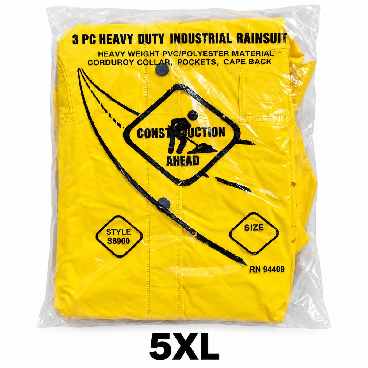 Yellow three-piece rain suit packaged with 5XL size label