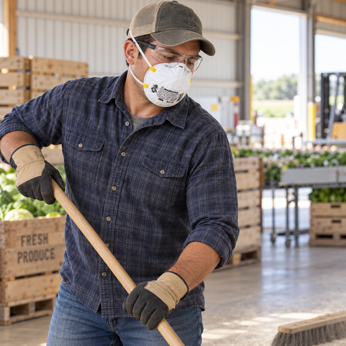 Agricultural worker wearing a 3M 8210 N95 particulate respirator