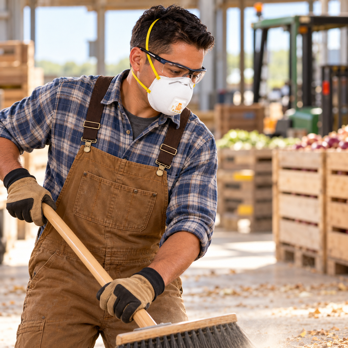Agricultural worker wearing a 3M 8511 N95 respirator with Cool Flow valve