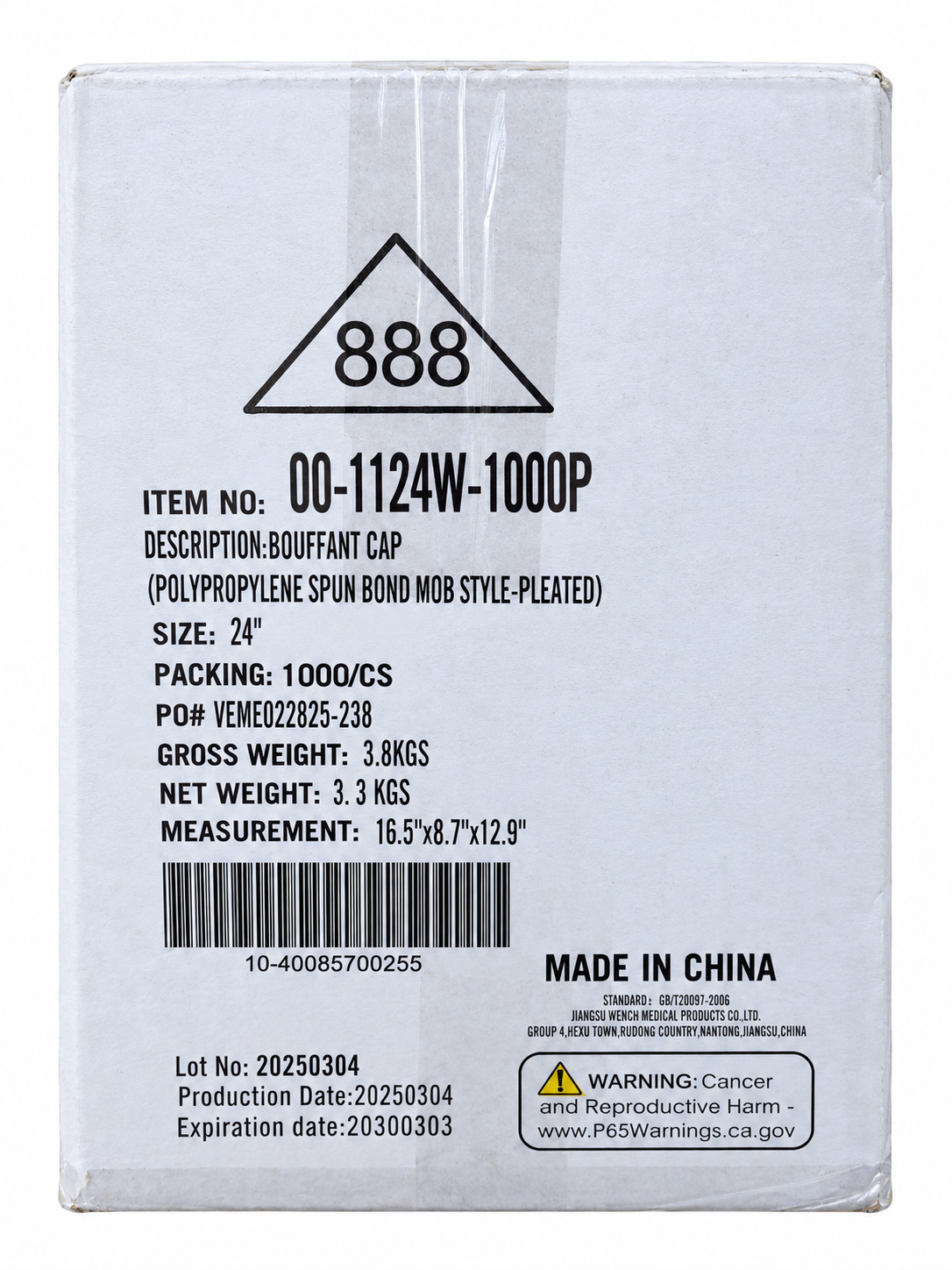 888 white 24-inch bouffant caps case of 1000 original label