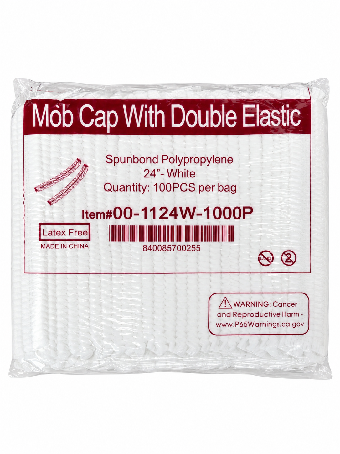 888 white 24-inch double elastic bouffant caps bag of 100