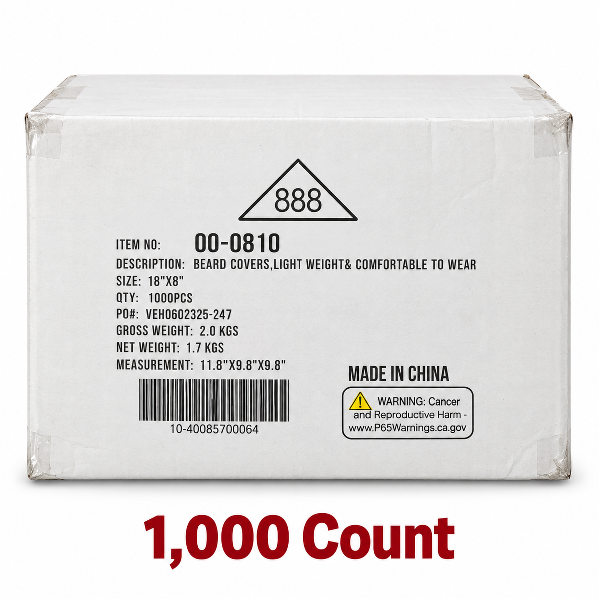 888 00-0810 white disposable beard covers, case of 1000 in 10 bags