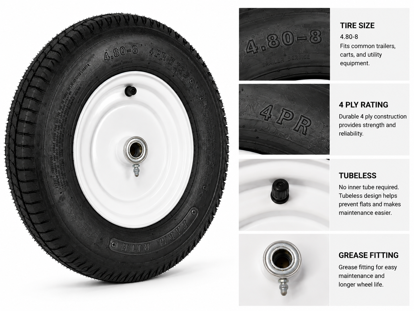 4.80-8 Farm Rite Trailer Tire & Wheel Assembly - 4 Ply