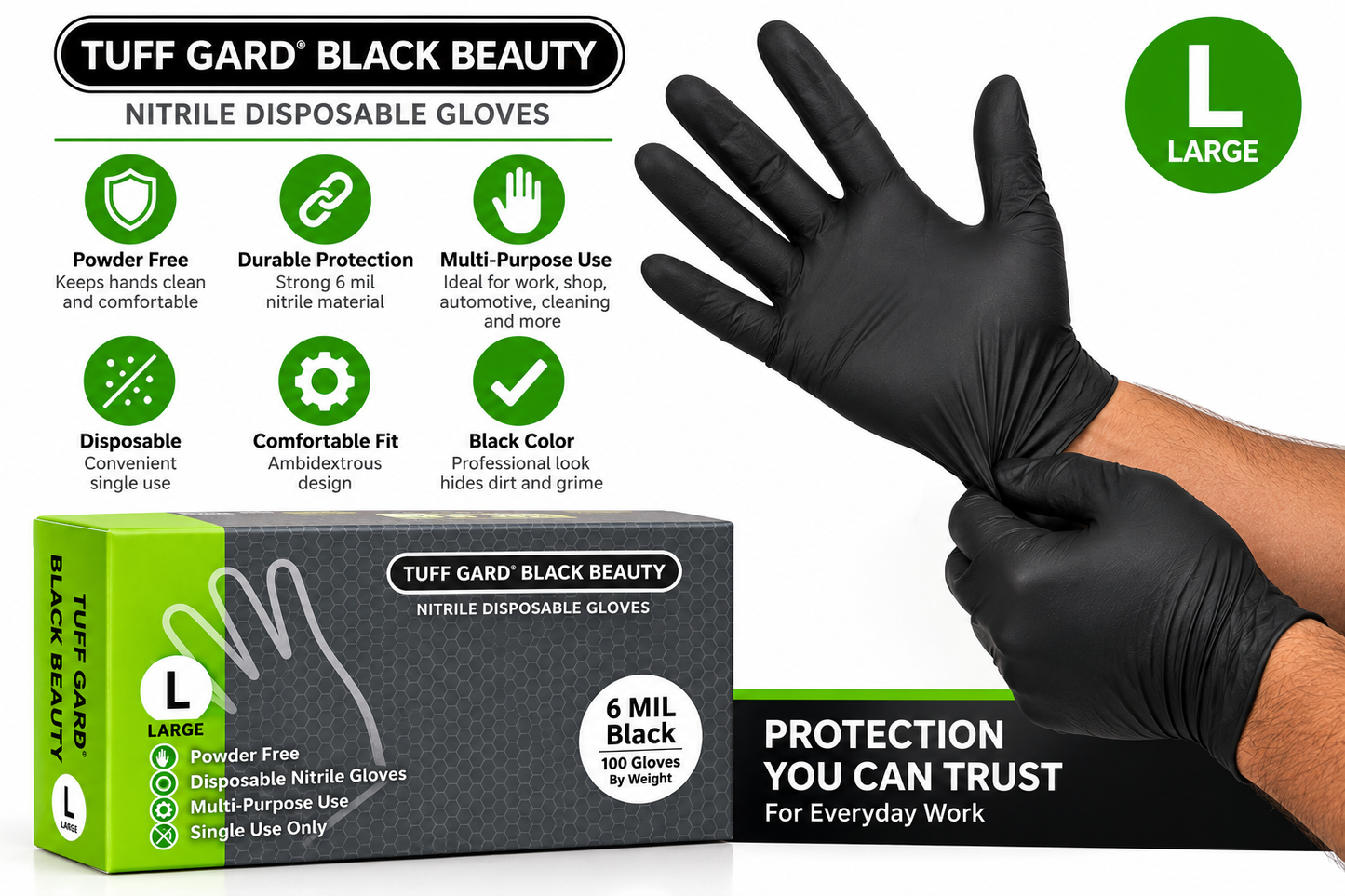 Tuff Gard Black Beauty 6 Mil Black Nitrile Gloves - Large, 100 Count
