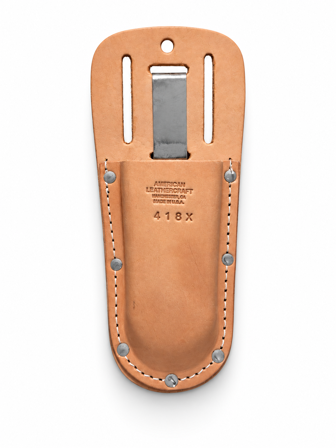 American Leathercraft 418X leather pruner sheath with belt slots and metal clip, back view