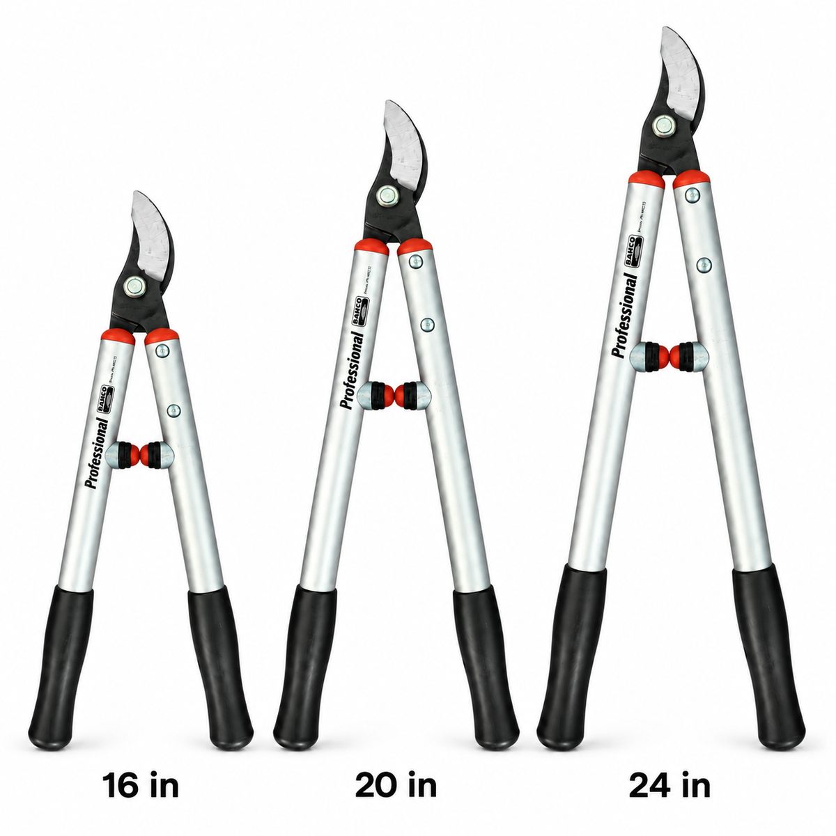 Bahco P114-SL bypass loppers size comparison in 16, 20 and 24 inches