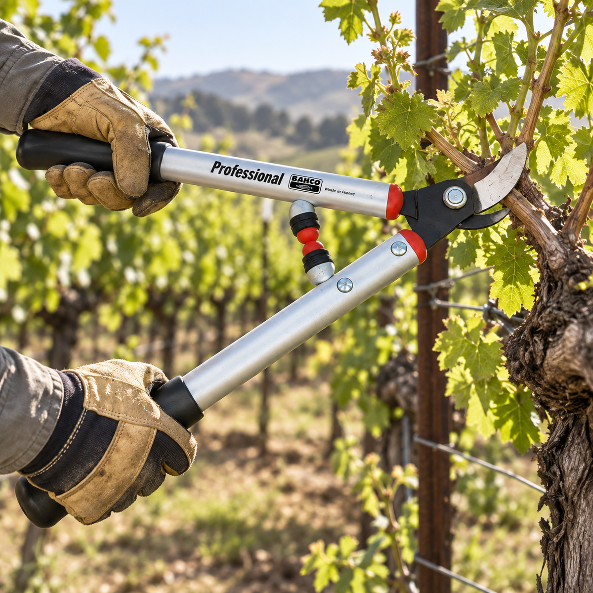 Bahco P114-SL professional bypass lopper pruning a grapevine