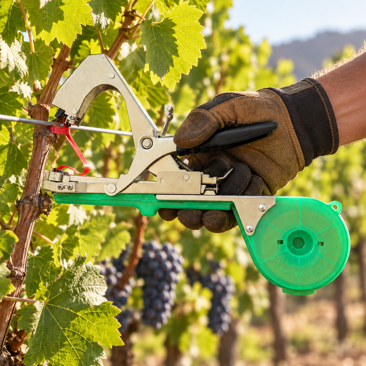 BIZ-B Tapetool hand tying machine securing grapevine to trellis wire