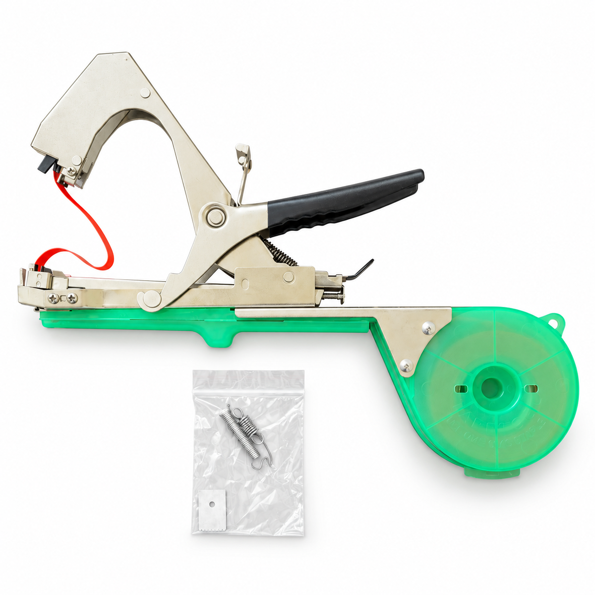 BIZ-B Tapetool hand tying machine with replacement parts on white background