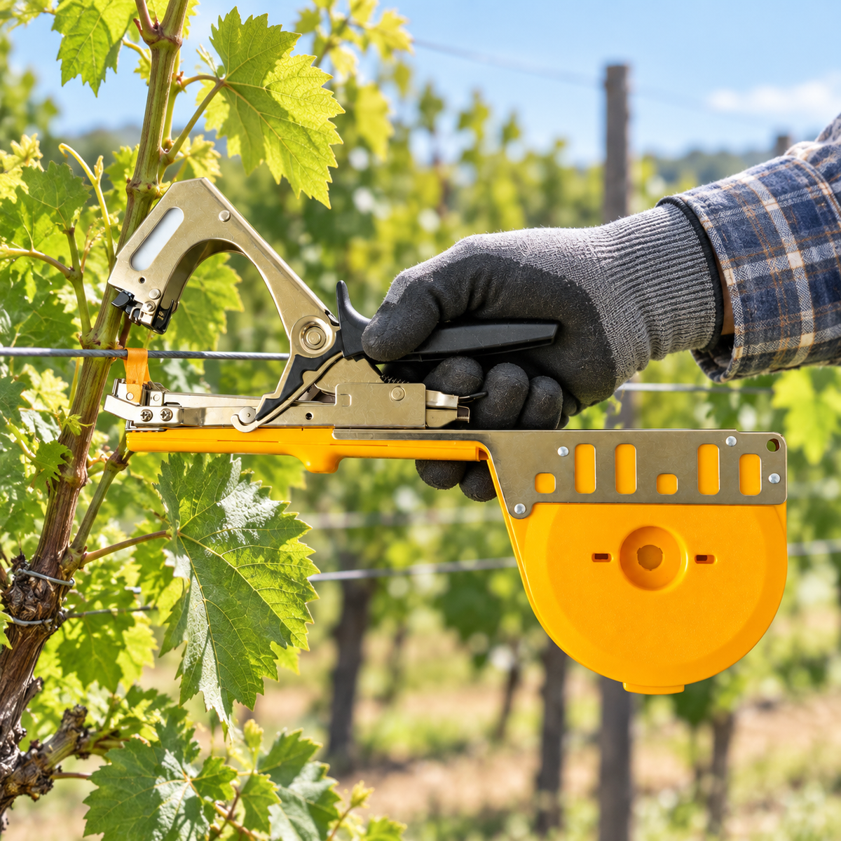 B.JA TB-F Ace tape binder tying a grapevine to a trellis wire