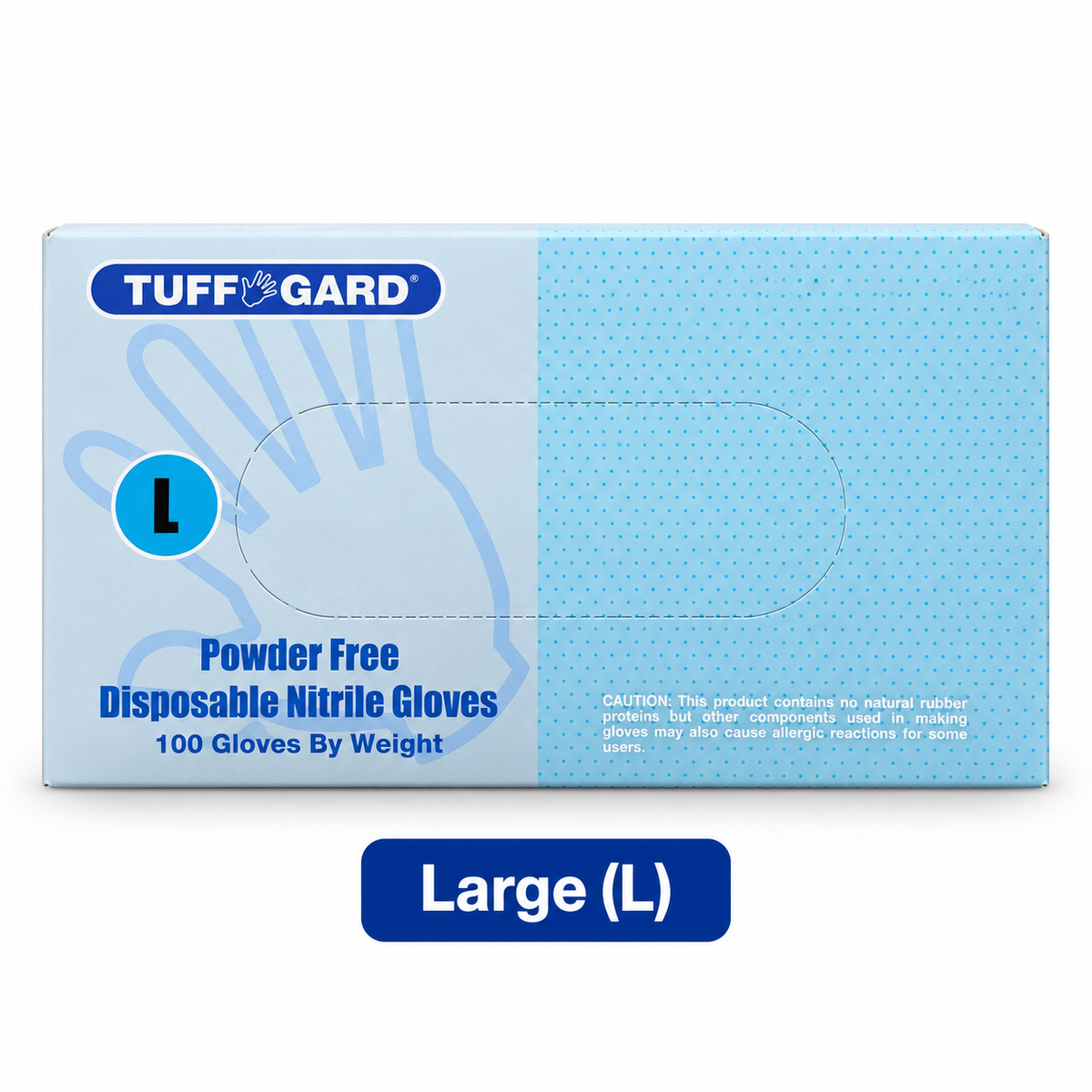 Large (L) Tuff Gard blue 4 mil powder-free nitrile gloves, 100-glove box on white background