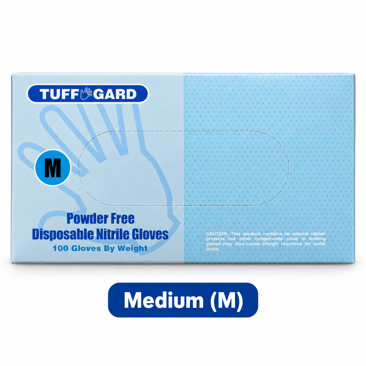 Medium (M) Tuff Gard blue 4 mil powder-free nitrile gloves, 100-glove box on white background