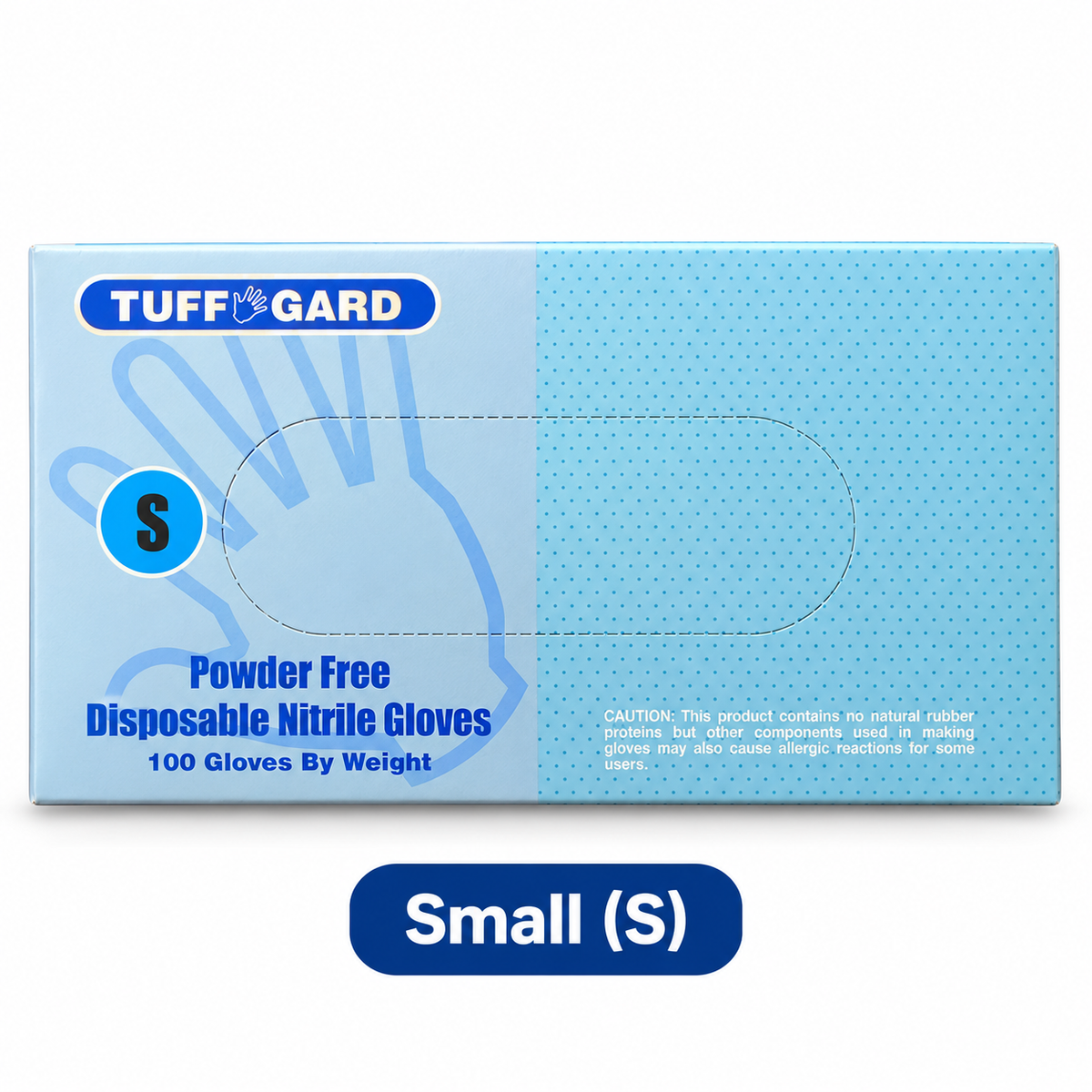 Small (S) Tuff Gard blue 4 mil powder-free nitrile gloves, 100-glove box on white background