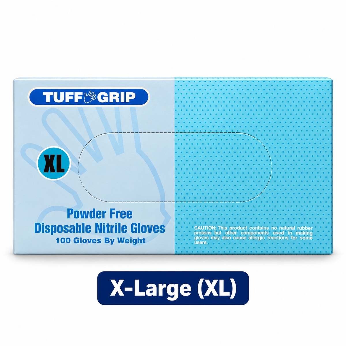 X-Large (XL) Tuff Grip blue 4 mil powder-free nitrile gloves, 100-glove box on white background