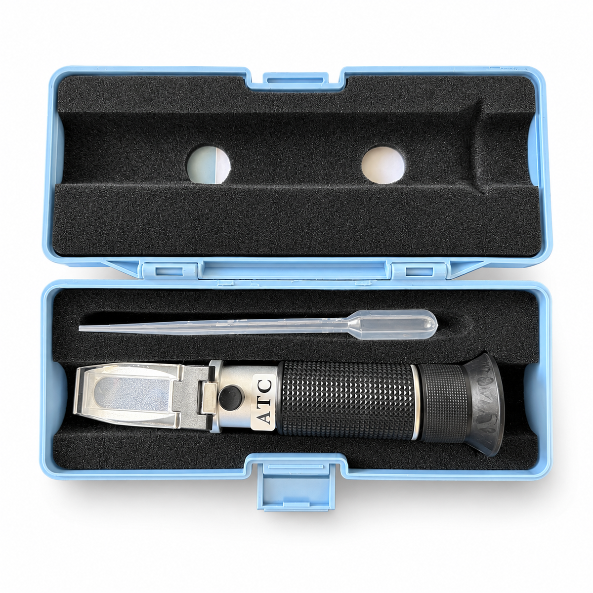 Handheld Brix refractometer with ATC and pipette in blue carrying case