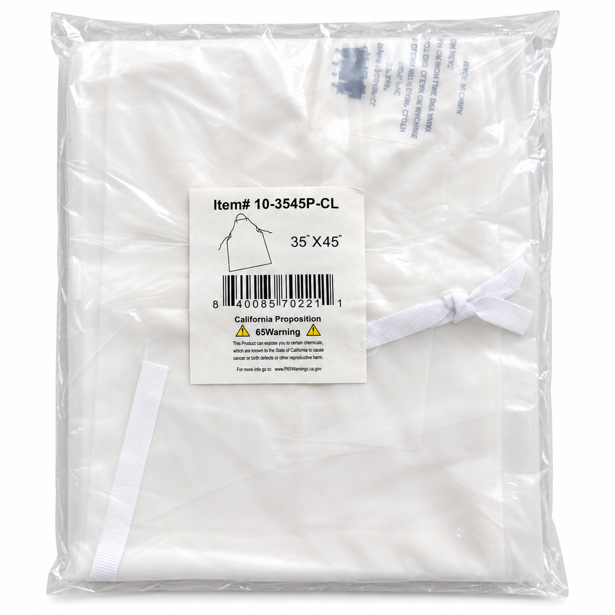 Clear PVC apron in its original labeled packaging