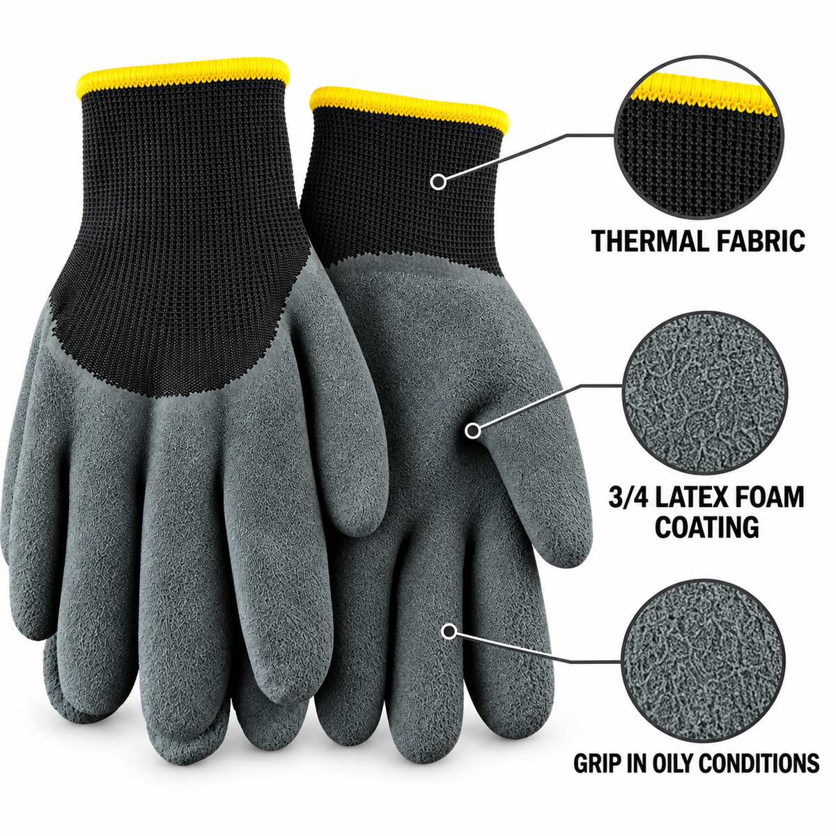 Thermal winter work glove features including 3/4 latex foam coating and oily grip