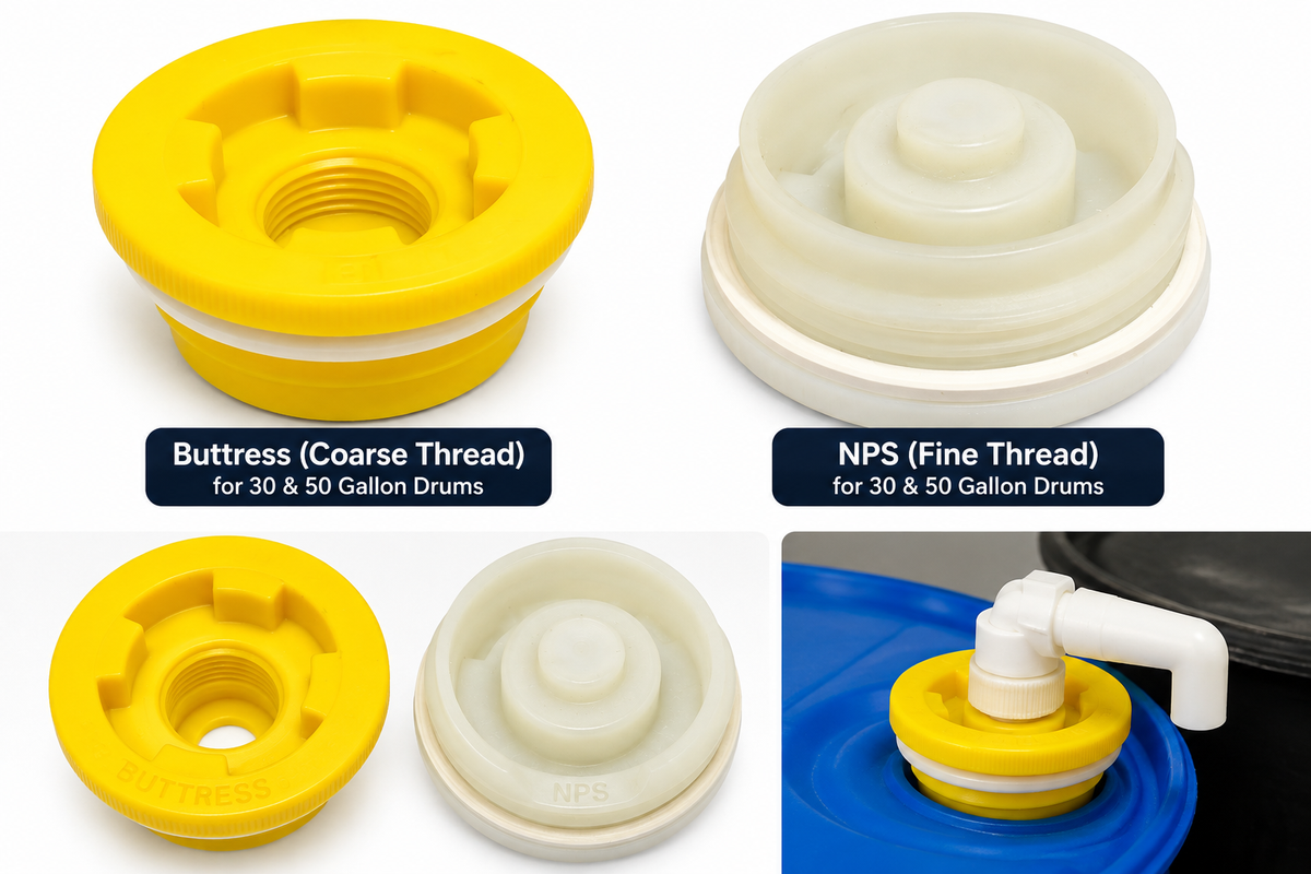 Drum bung plug thread comparison NPS fine and Buttress coarse on white background