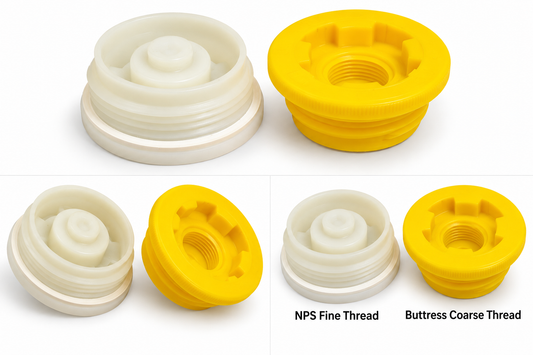 Drum bung plugs NPS fine thread and Buttress coarse thread on white background