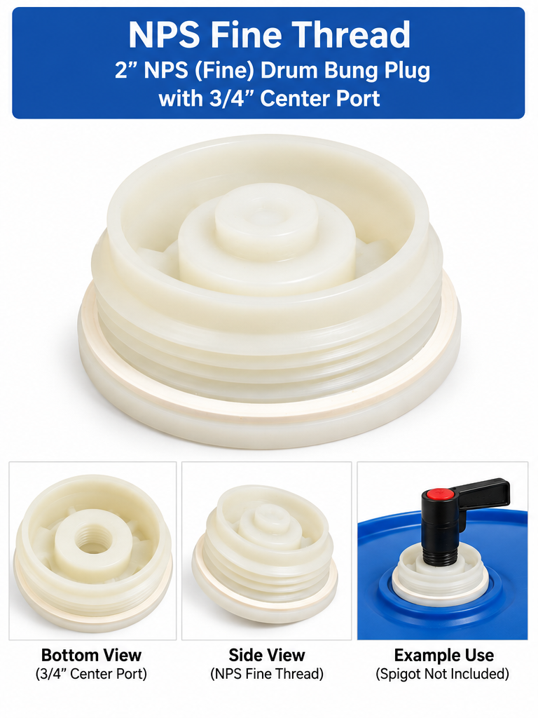 NPS fine thread drum bung plug with 3/4 inch center port
