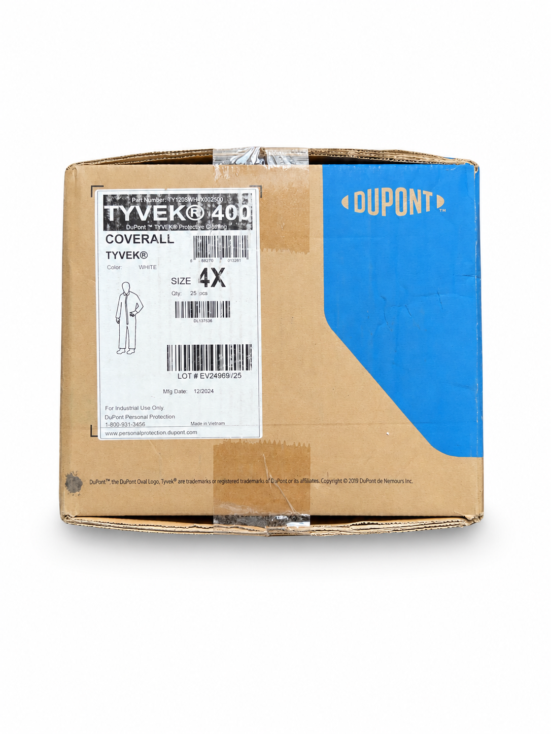 DuPont Tyvek 400 coveralls 4X carton, 25 per case, on a white background