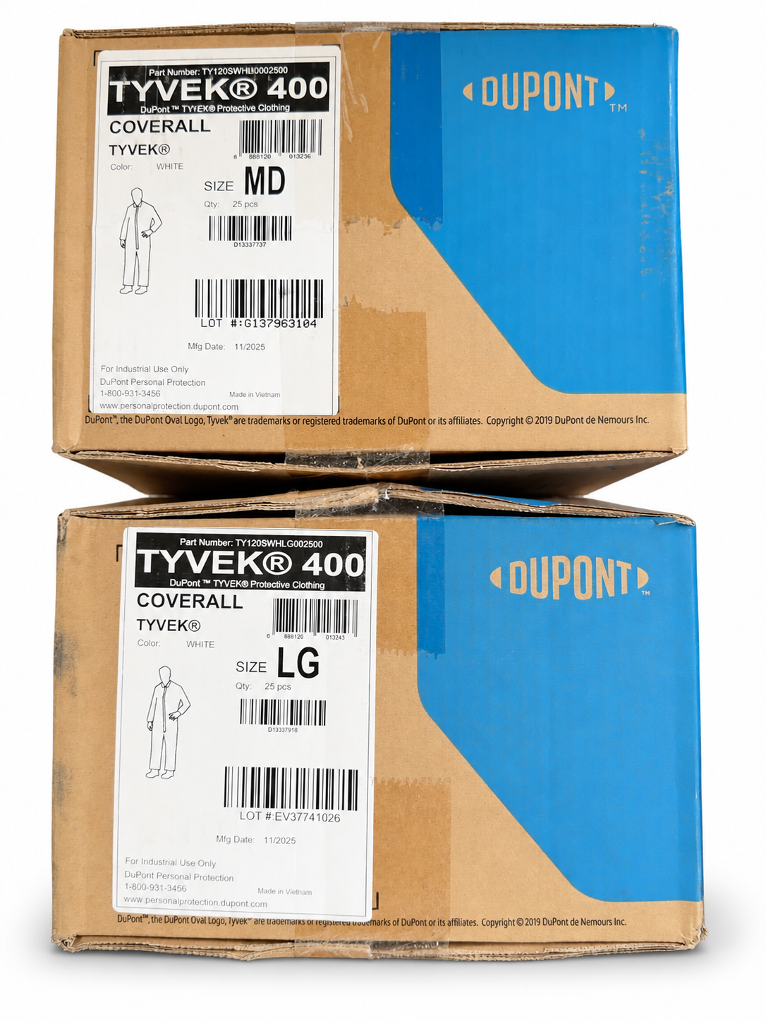 DuPont Tyvek 400 coverall cartons MD and LG against a white background