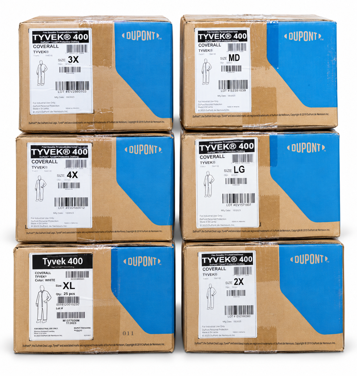 DuPont Tyvek 400 coverall cartons, six sizes from MD to 4X