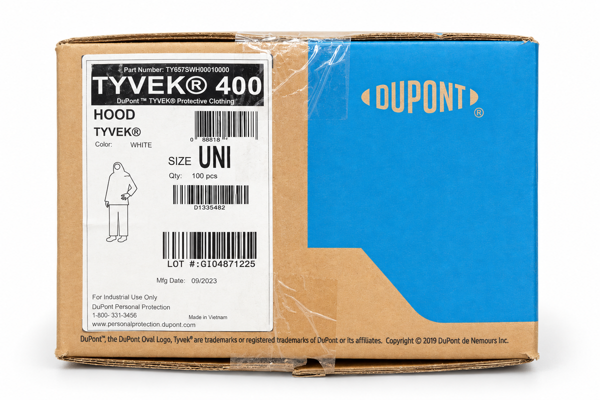 DuPont Tyvek 400 protective hoods carton, 100 per case, without extra yellow sticker