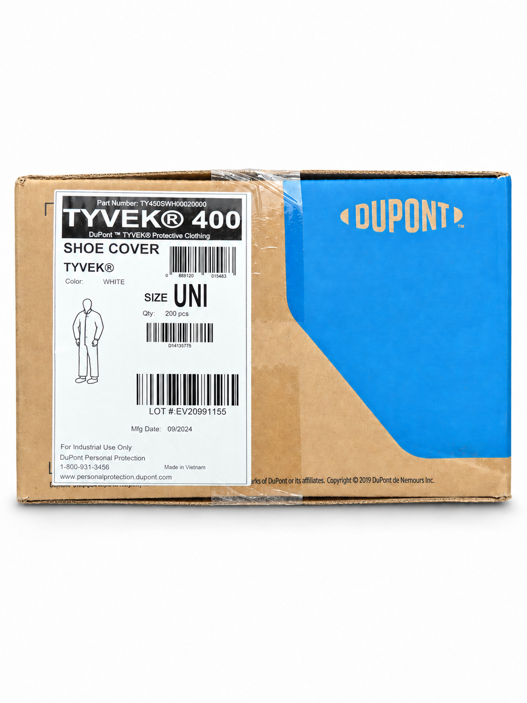 DuPont Tyvek 400 shoe covers carton, 200 per case, clean label on white background