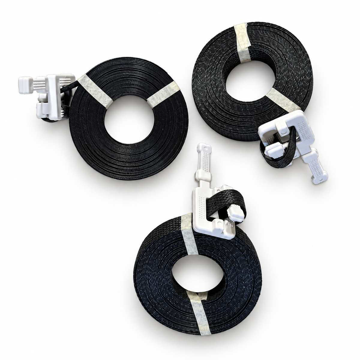 Black pre-cut polypropylene strapping with attached white buckles, 500 straps per case