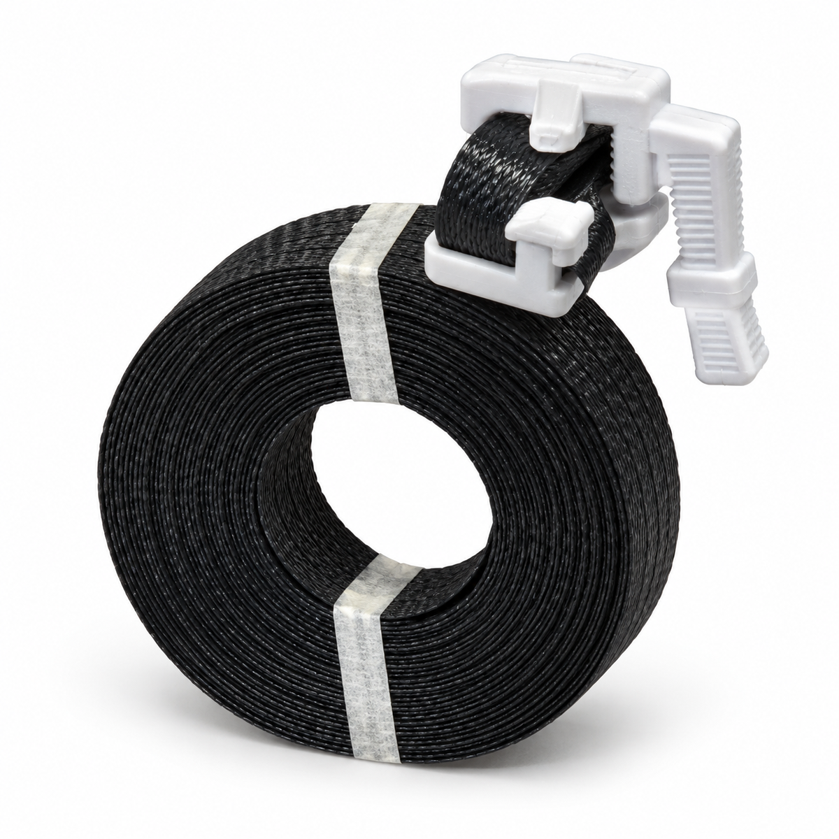 Close-up of black pre-cut strapping and pre-attached plastic buckle