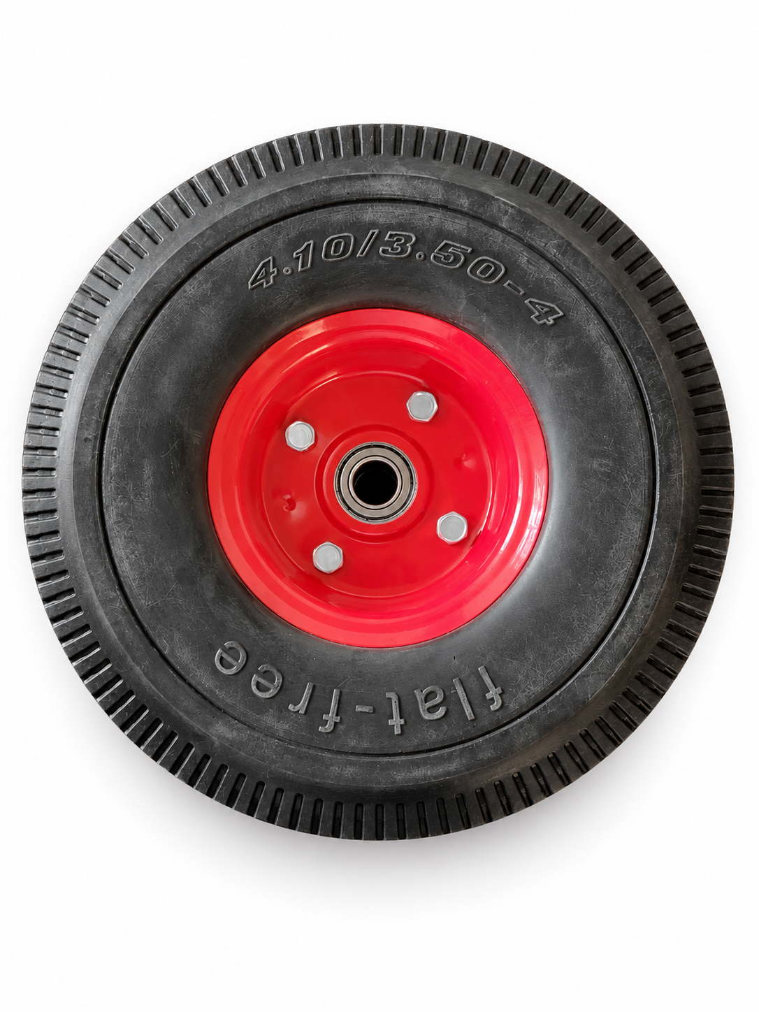 Face view of one 4.10/3.50-4 flat-free wheel, black tire and red metal hub
