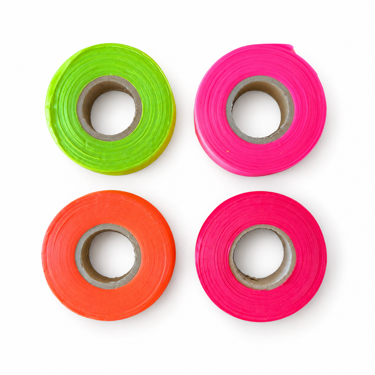 Fluorescent lime, pink, orange and red vinyl flagging tape rolls, 1 inch by 150 feet