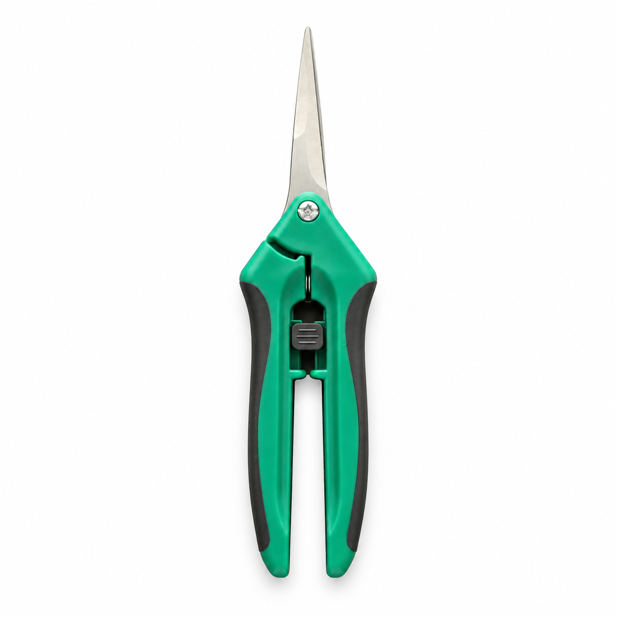 Green curved harvest shears, closed front view