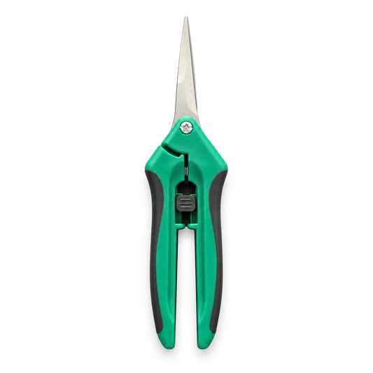 Green curved harvest shears, closed front view