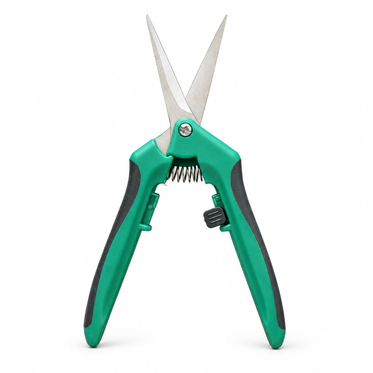 Green curved harvest shears, open front view