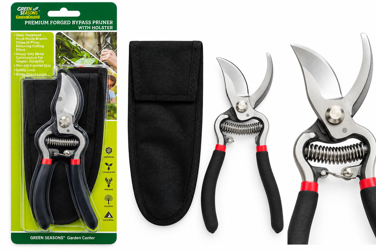 Green Seasons premium forged bypass pruner with holster product views