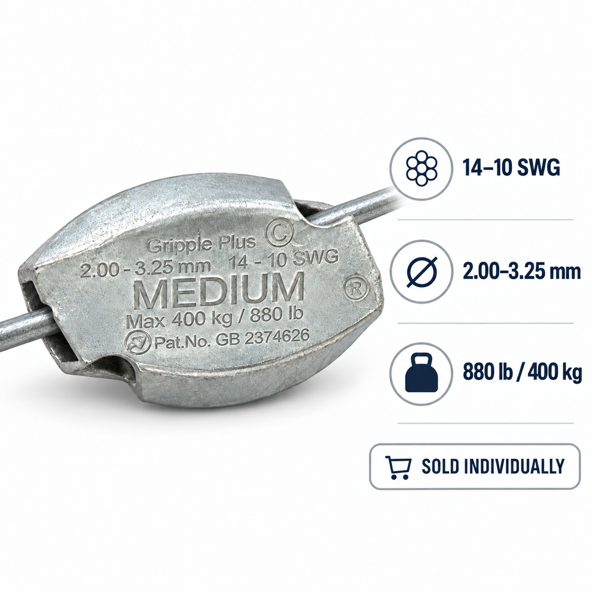 Gripple Plus Medium specifications for 14 to 10 SWG wire and 880 pound working load