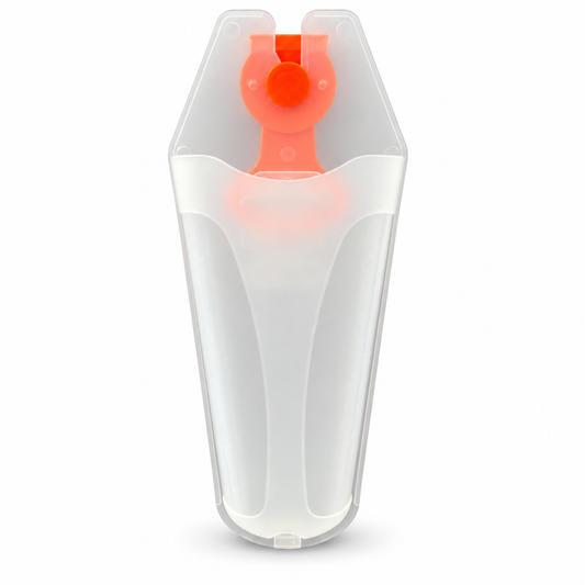 HG-05 translucent plastic pruner holster with orange belt clip, front view